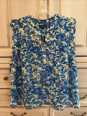 J. Crew Cream and Blue Floral Ruffle-Sleeve Blouse